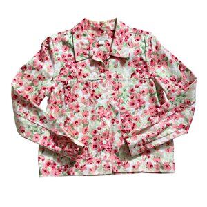 Christopher & Banks Floral Print Cropped Jean-Style Jacket-Pink/White-S-GUC